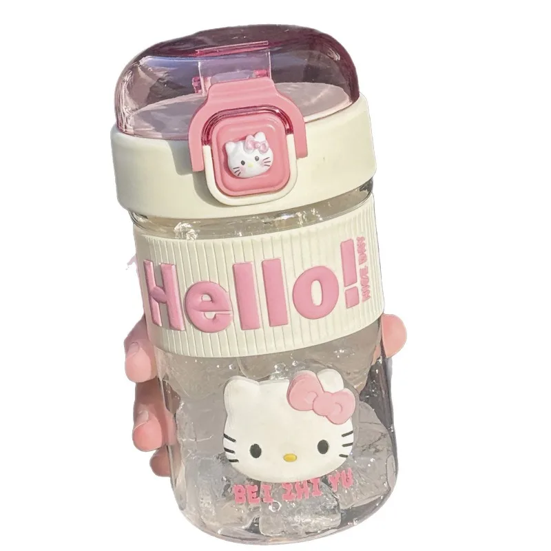 كوب ماء هالو كيتي اللطيف من القش للفتيات، كوب عالي الجمال جديد سهل الاستخدام، كوب بلاستك للطلاب مضاد للسقوط، رياضي محمول