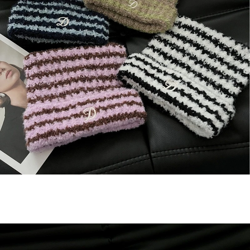 Koreanische, niedliche Strickmütze mit Katzenohren und Farbblock-Design für Damen und Herren, warme Wintermütze mit gestreifter Stickerei, modische Skull-Beanie-Mütze – Detail 5