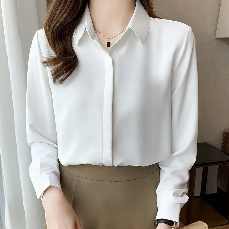 

Spring Office Lady Shirt Long Sleeve Turn Down Collar Women Shirt White Satin Elegant Blouse Women Tops Camisas De Mujer N613