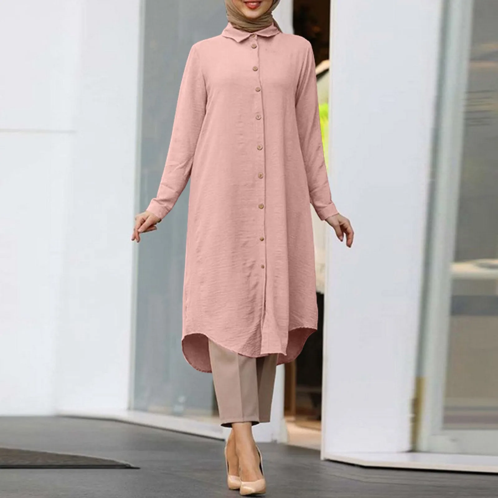 Muslim Woman Dress Ramadan Abaya Women\'s Solid Colour Simple Long Sleeve Button Loose Casual Robe Shirt Long Dress Dubai Abaya