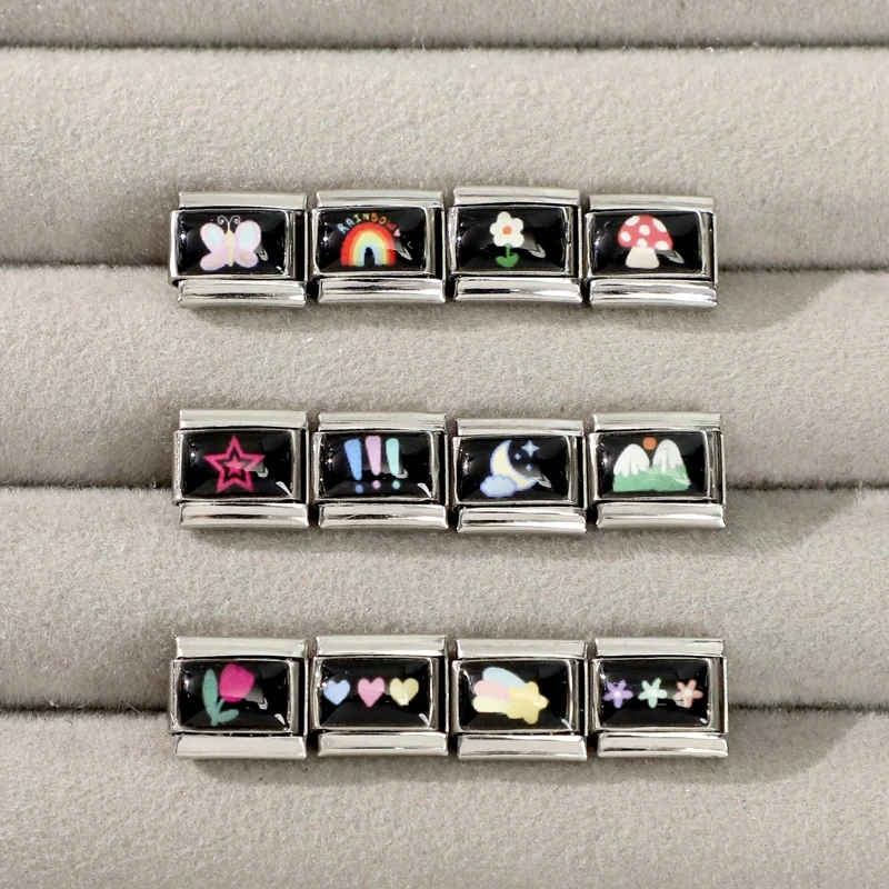 النساء الملونة الزهور القلب ستار مطاطا الإيطالية سحر الروابط صالح 9 مللي متر الفولاذ المقاوم للصدأ وحدات سوار DIY صنع المجوهرات