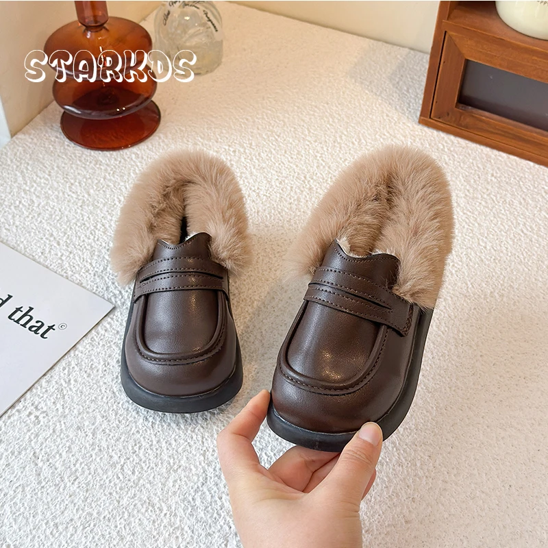 سميكة وحيد الدافئة الفراء المتسكعون الاطفال فتاة الشتاء رقيق أفخم الجلود حذاء مسطح طفل رضيع الفاخرة ريال الأرنب الفراء المدرسة Zapatos