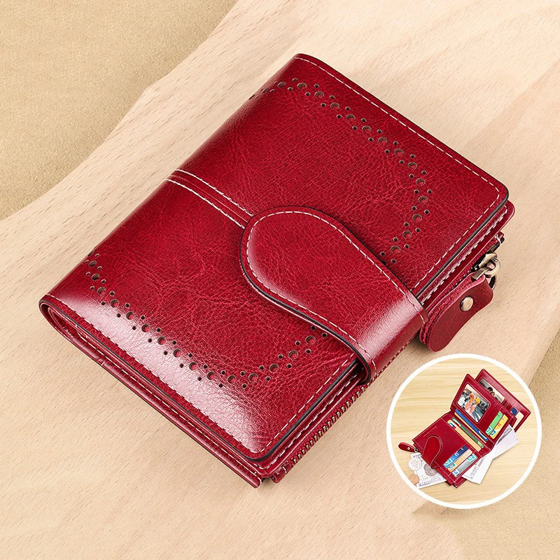 Fashion Hollow Out Short Wallet for Women Genuine Cow Leather Small Zipper Coin Purse Trifold Card Holder Purses Cowhide Wallets