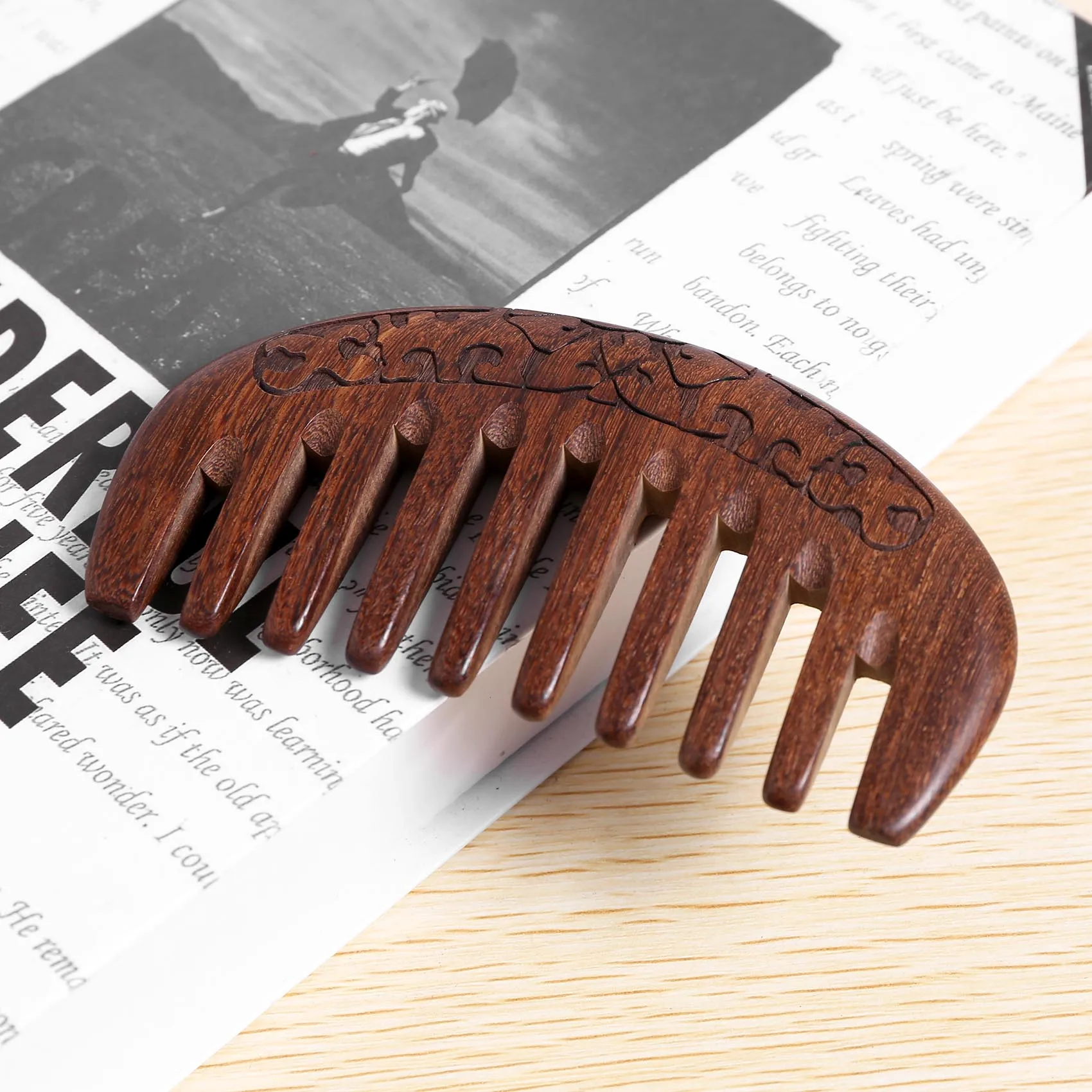 Wood Comb Wooden hair comb Natural Comb-Anti Static Massage through the comb (Flower-Wide tooth)