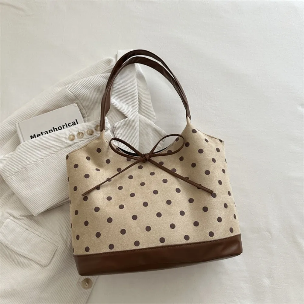 Vintage Large Capacity Tote Bag Polka Dot Pattern Bow Decor Shopping Handbag Canvas Underarm Bag Women