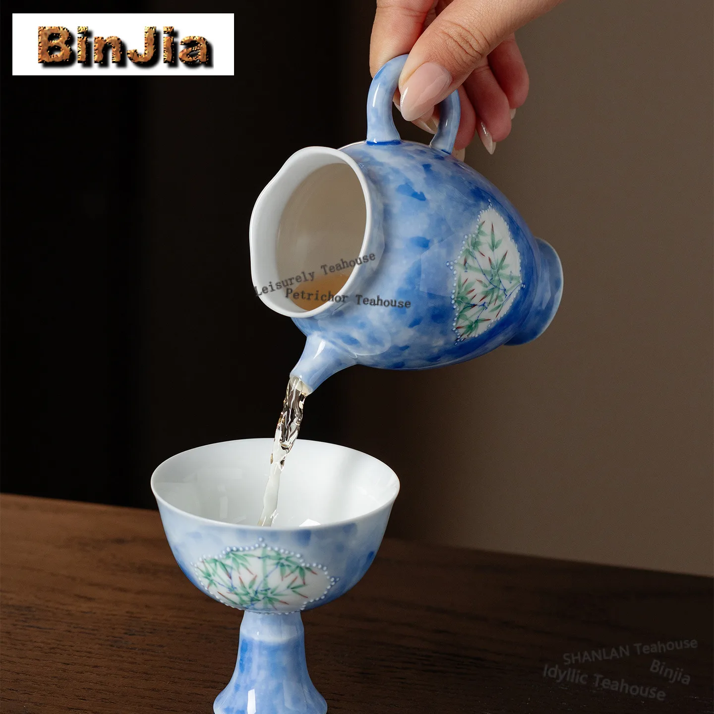 170ml Hand-painted Blue Bamboo Shadow Tea Pitcher Pour Tea Cha Hai Dispenser Justice Cup Green Tea Fair Mug Cha Supplies Craft
