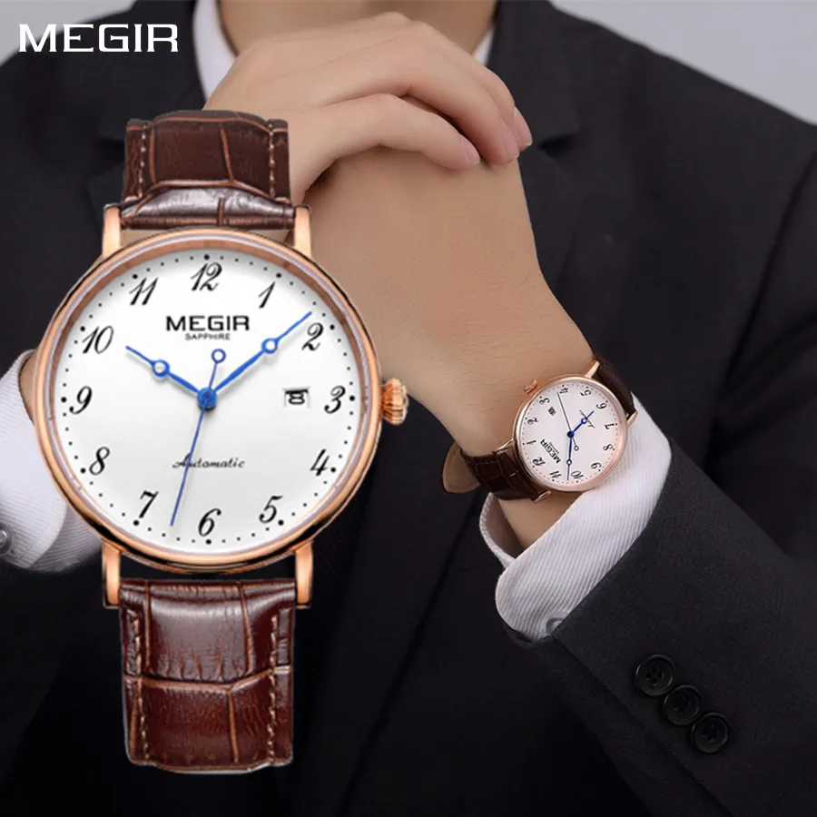 

MEGIR Luxury Automatic Mechanical Watch for Men Large Dial Sapphire Leather Strap Male Wristwatch Sports Waterproof Date Clock