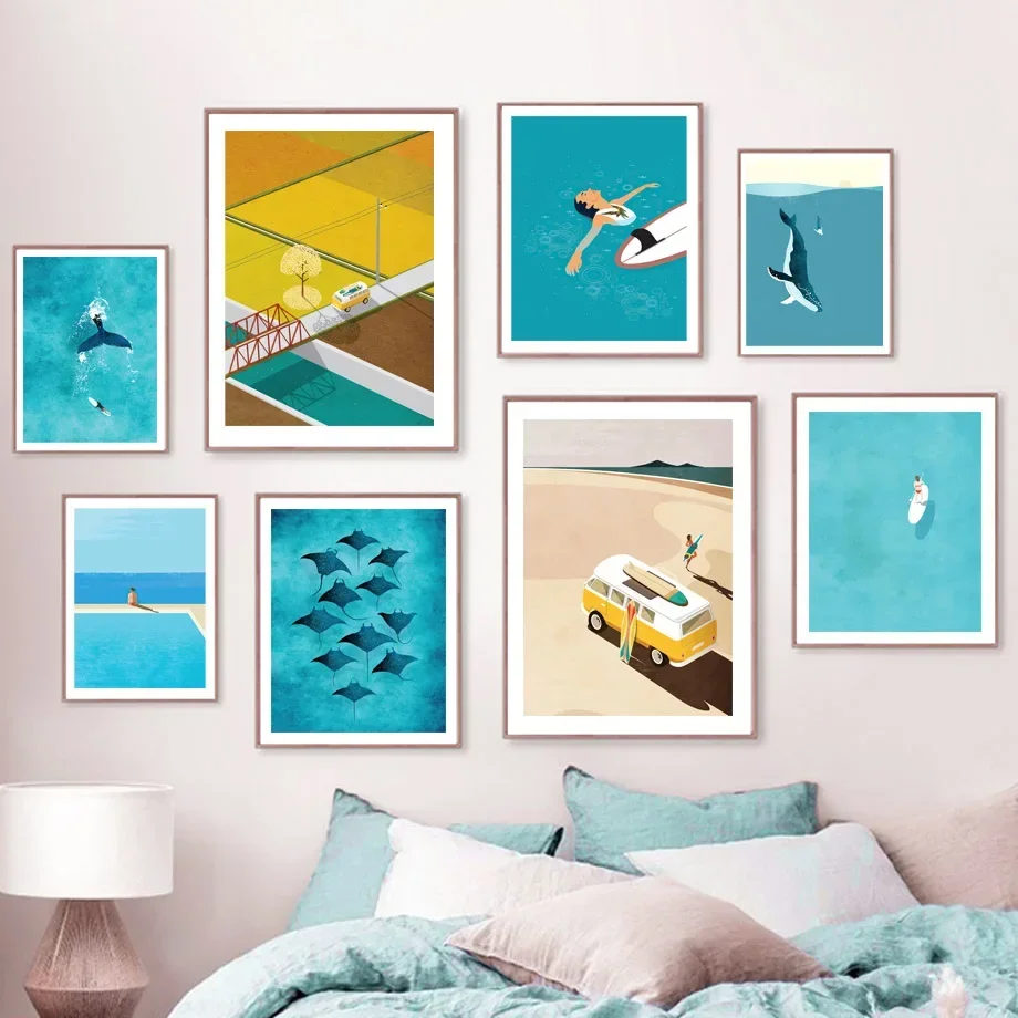 1pc frameless Canvas Painting Beach Whale Surfer Surfboard Swimming Pool Wall Art Canvas Painting Posters And Prints Minimalist