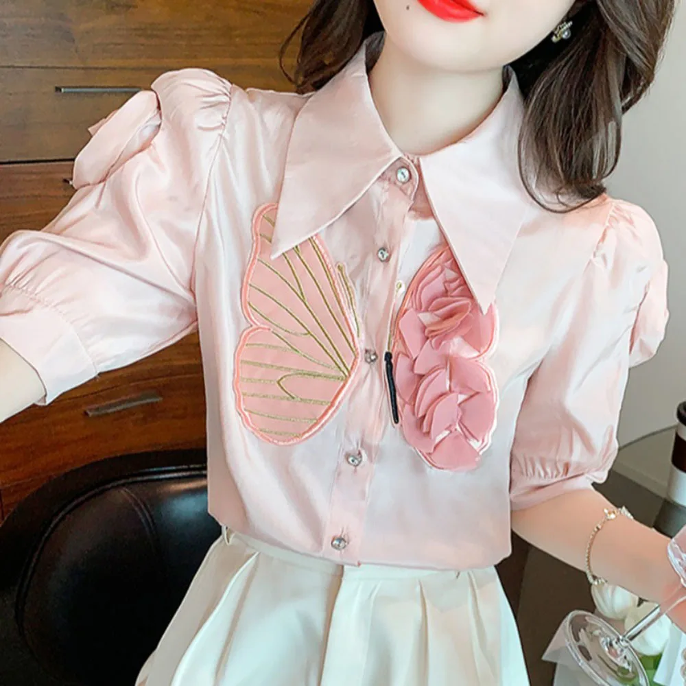 Fashion 3D Flower Blouse For Women 2024 Summer New Short Bubble Sleeve Chiffon Shirt Ladies Sweet Pink Slim Tops Female Trend