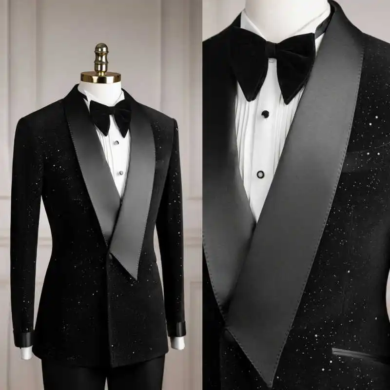 

Shining Groom Wedding Suit 2 Pieces Jacket Pants Shawl Lapel Single-Breasted Formal Occasion Banquet Party Customized