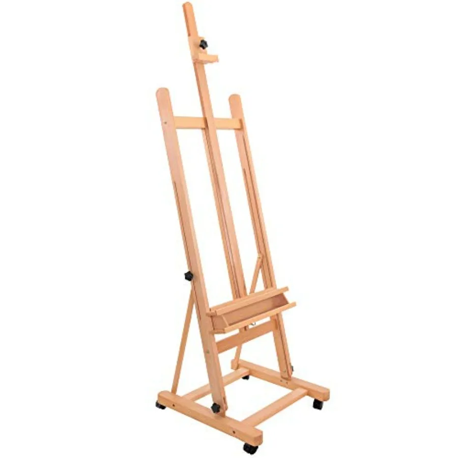 Medium Wooden Studio H Frame Easel with Storage Tray and Wheels - Adjustable to 96 High Holds 48 Canvas - Beechwood Artist Ease