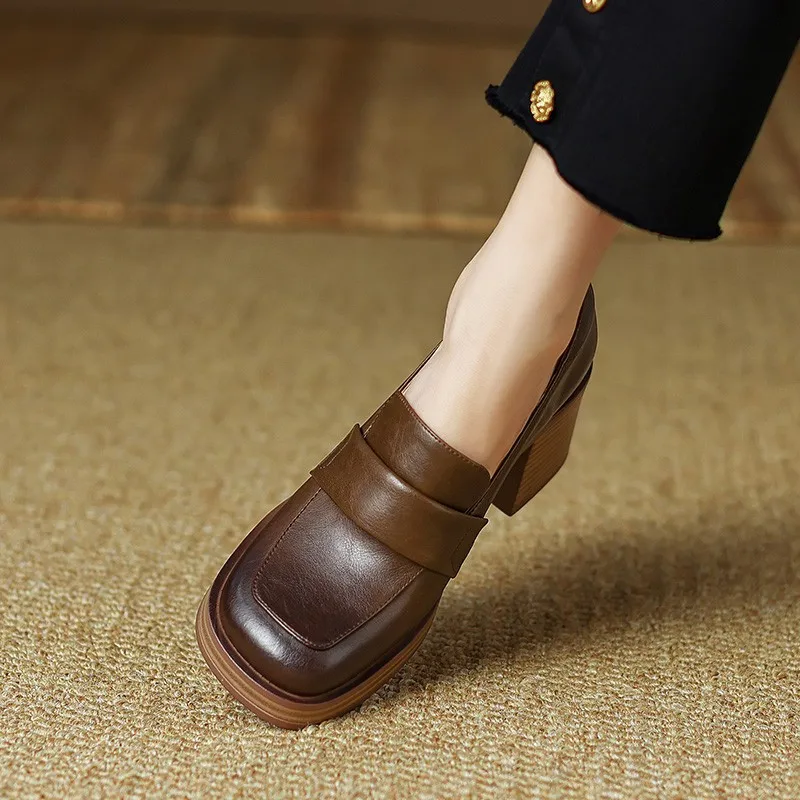 Nieuwe Mode Loafers Dikke Damesschoenen Bruin Leer Pumps Met Hoge Hakken Luxe Dameshak Platform Britse Stijl Damesschoenen