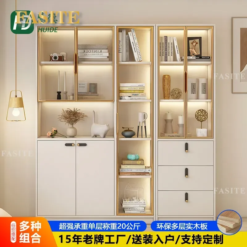 For Solid Wood Bookcase Integrated Whole Wall Cream Light Luxury Glass Door Dustproof Display Cabinet Household Storage
