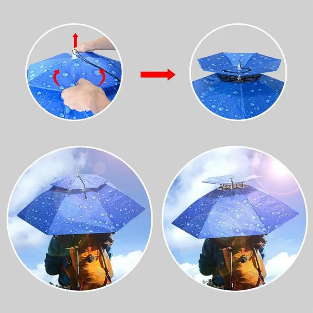 Outdoor Fishing Umbrella Portable Folding Double-layer Windproof UV-proof Head-mounted Sunshade Hat Camping Shade Umbrella Hat