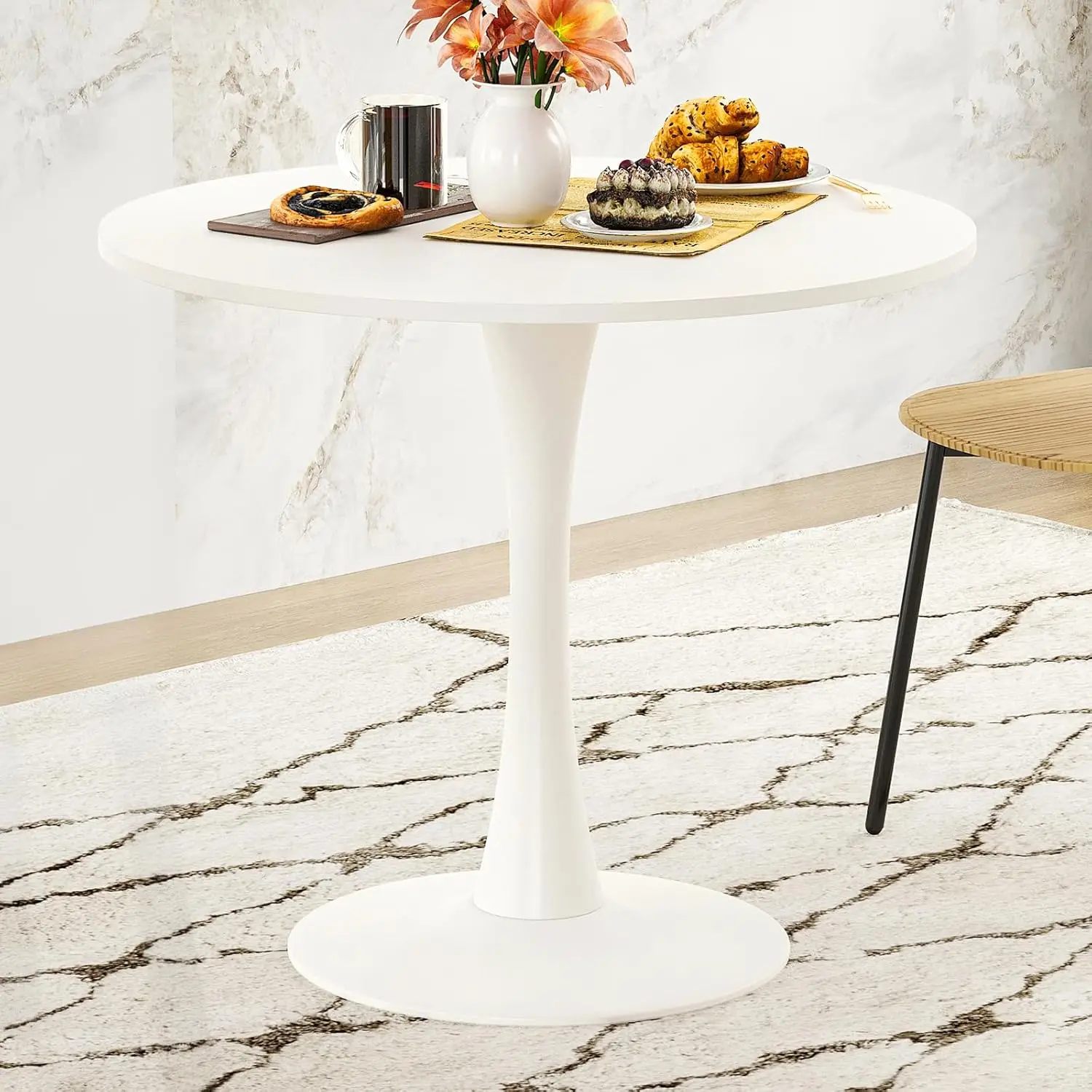 Assentos de mesa de jantar redondos pequenos de tulipa de 31,5" até 2 a 4 pessoas, tampo de madeira com base de pedestal de metal, branco