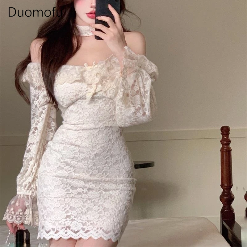 

Duomofu Coquette Sexy Mini Corset Dress Women Korean Style Lace Ruffles Slash Neck Long Sleeve Bodycone Dresses Fairy Vestidos