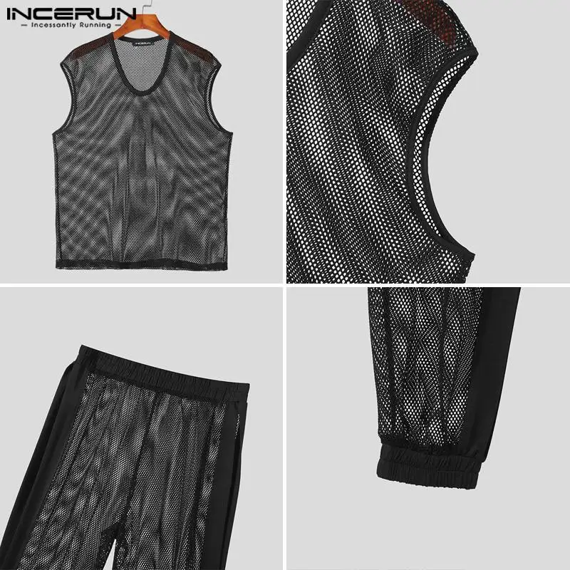 Men Sets Mesh Transparent Sexy Streetwear V Neck Sleeveless Tank Tops & Pants 2PCS Summer 2024 Fashion Men\'s Suits S-5XL INCERUN