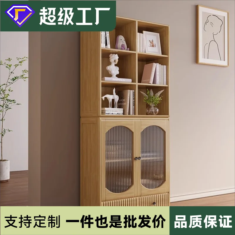 Solid wood bookcase Modern simple bookshelf Living room Storage cabinet Dust-proof bookcase with glass door Floor file