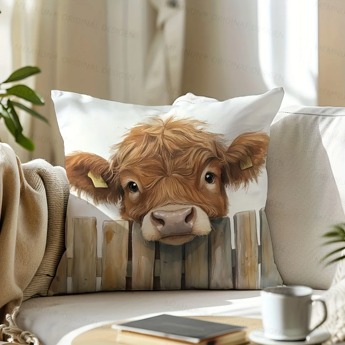 1pc Watercolor Highland Cow Throw Pillow Cover, Suitable for Sofa,Bedroom,Living Room,A Heartwarming Gift for Farm Animal Lovers