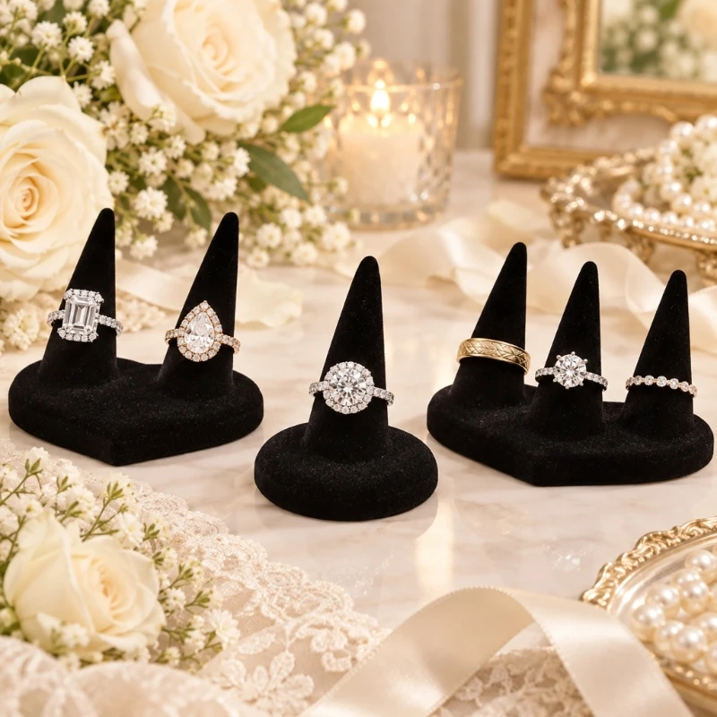 Jewelry Counter Ring Display Stand with Dark Finish and Pointed Holder for Showcases, Product Photos, and Trade Shows