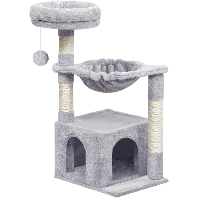 

Small Cat Tree Tower with Luxury Condo, Basket Hammock for Indoor Kittens with Scratching Posts, Kittens Pet Activity Tree,