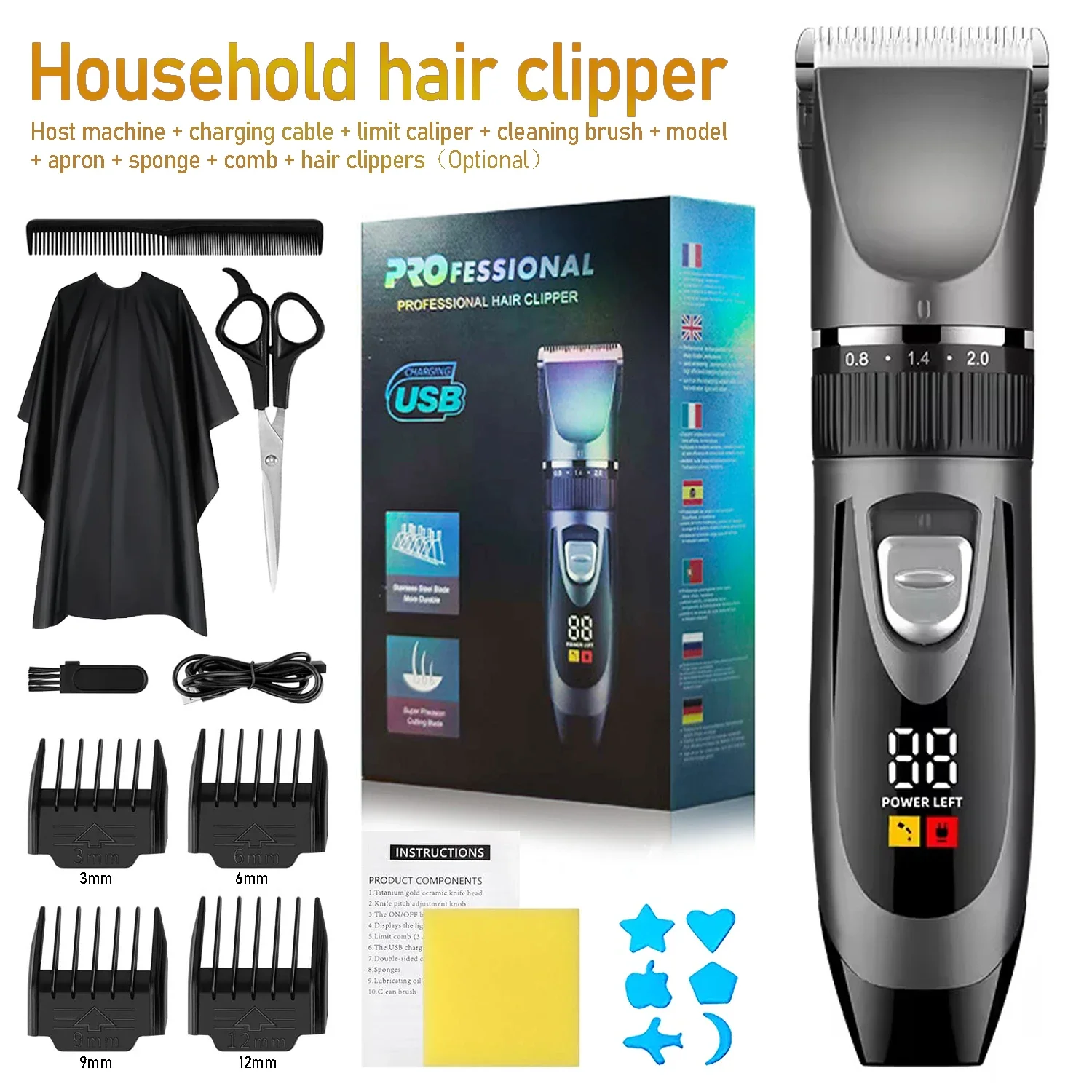 Professional Home Electric Hair Clipper Set with Digital Display, USB Fast Charging, Ceramic Blades & Long Battery Life