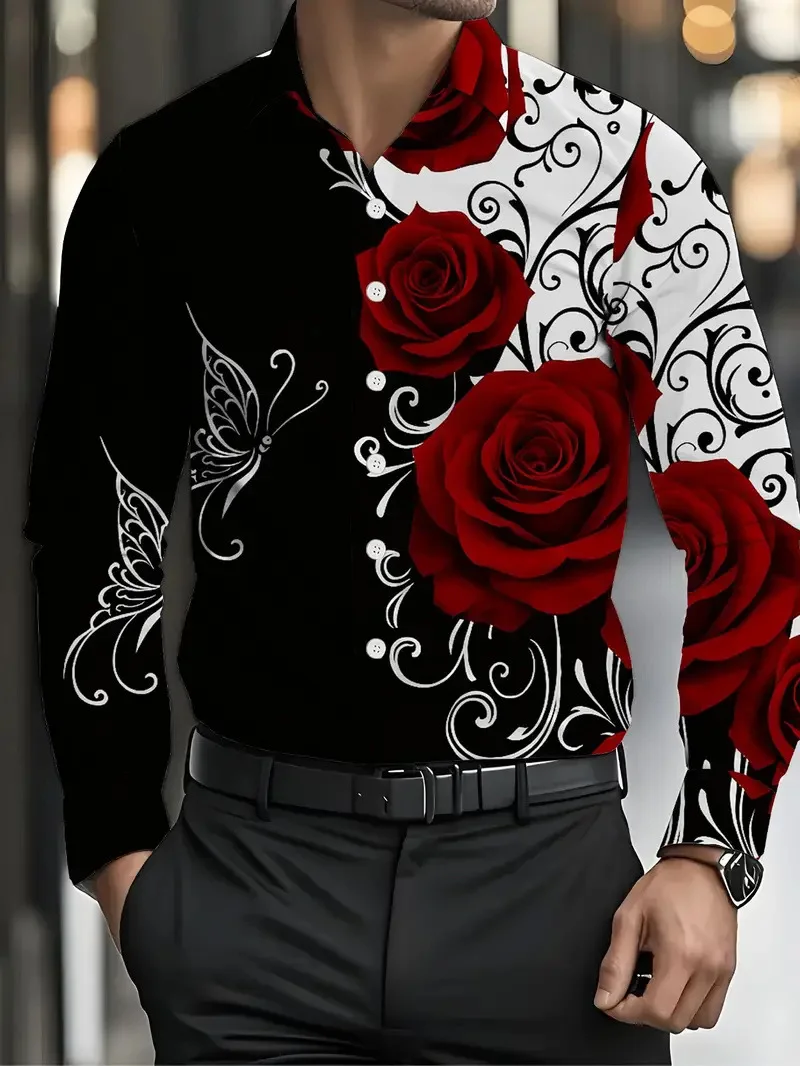 

New men's long sleeved shirt 3D fashionable printed cardigan shirt slim fit fashionable casual top men's clothing