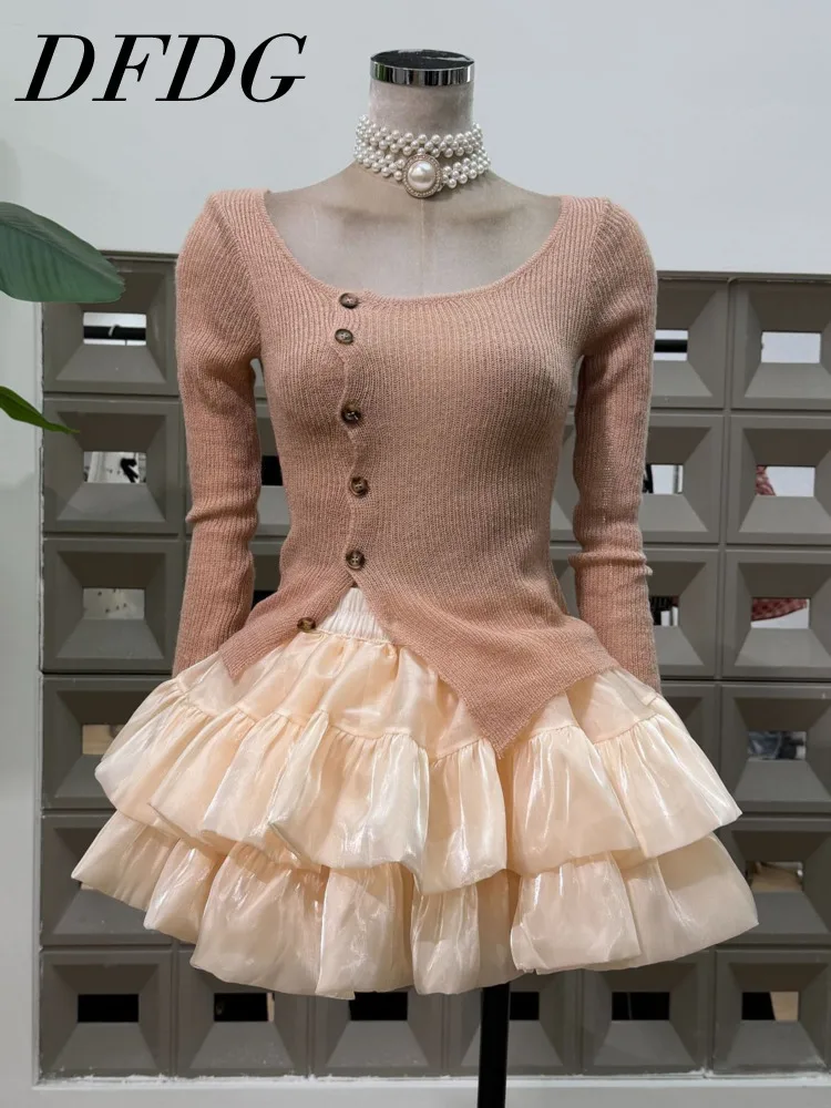 

DFDG Women’s Irregular Knit Two Piece Set Thin Puffy Cake Skirt Asymmetric Sweater Shirt Fit Designer Spring Summer 2025 Set