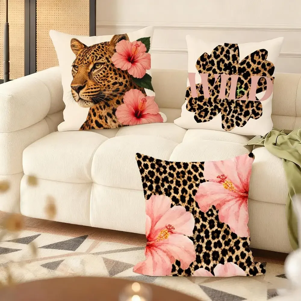 Leopard Flower Pink Cheetah Cushion Cover Soft Short Plush Pillow Cover Smooth Cozy Texture Aesthetic Cushion Case Home Decor
