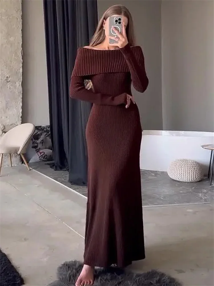 

Fashion Knit Long Dress Off-Shoulder Female Ribbed Loose High Waist Elegant Autumn Party Dress Ladies Knitwear Maxi Dress