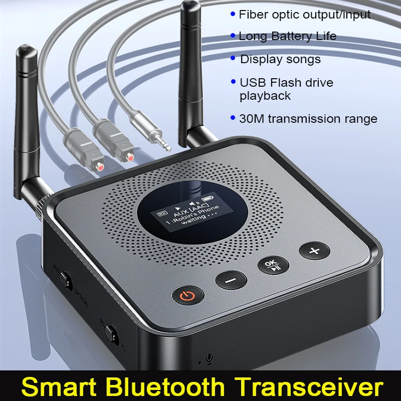 

Аудиоприемник-передатчик Bluetooth 6.0/5.2 с цифровым дисплеем OLCD, USB-накопителем и беспроводным воспроизведением музыки, оптический выход