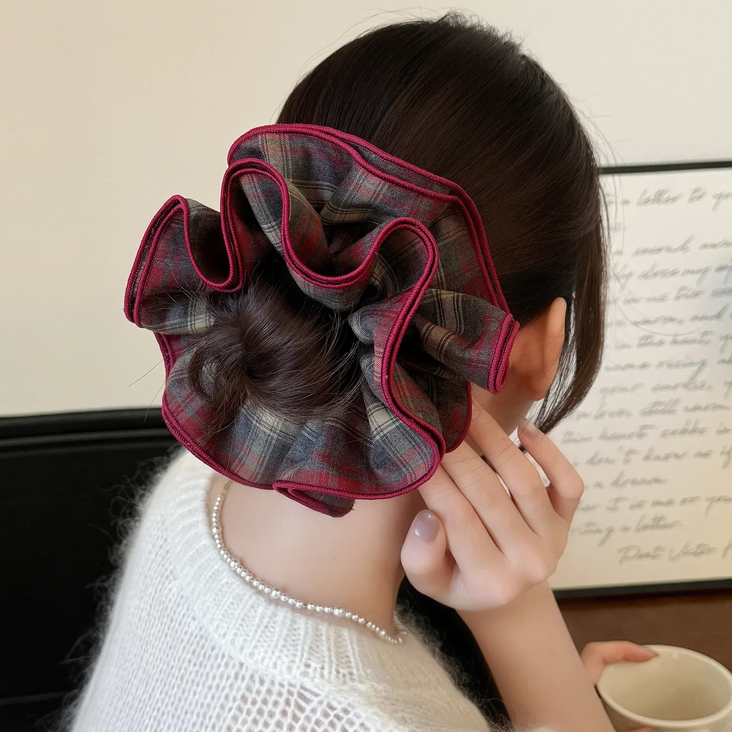 Herbst Winter Retro Rot Plaid Scrunchies Multi-schichten frauen Brötchen Kopf Blume Pferdeschwanz Haar Seil College Stil Haar zubehör