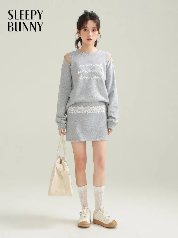 

Женский свитшот с буквенным принтом и вырезом, комплект с юбкой, женский теплый свободный комплект из двух предметов, пуловер с круглым вырезом, верхняя юбка, весенняя повседневная одежда