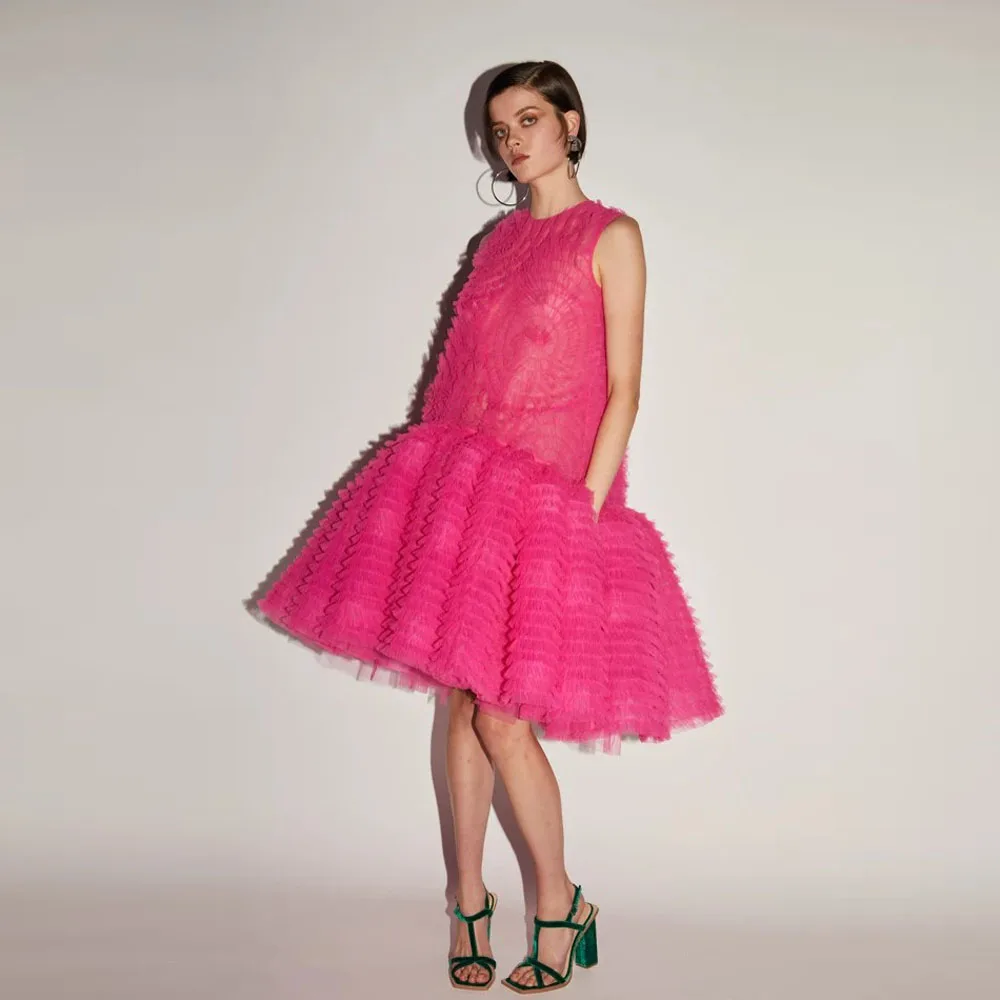 Stylished Fuchsia Ruffles Trimmed Tulle Women Maxi Dresses A-line Knee Length Tutu Tulle Formal Dresses To Holiday Party