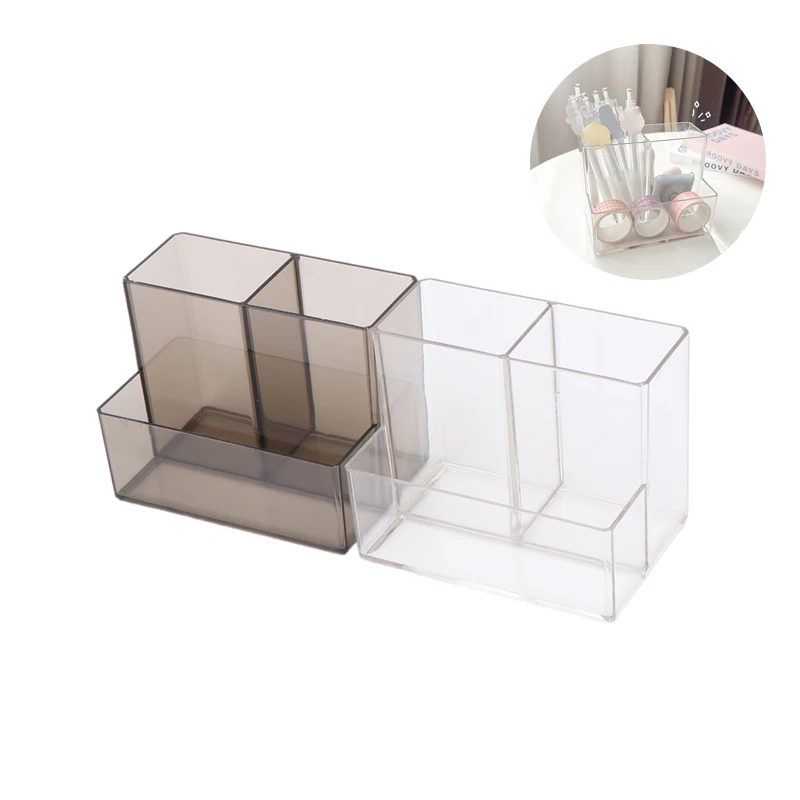 

Transparent Three Grids Makeup Box Make Up Brush Bucket Cosmetic Organizer Student Desk Pen Container Storage Box