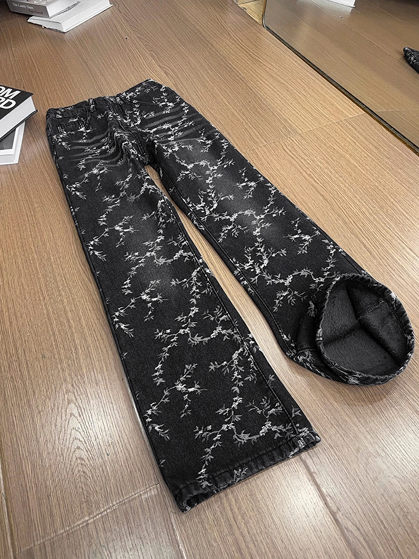 

Джинсы с вышивкой Cleanfit в американском стиле High Street для мужчин и женщин, зимние модные брюки-клеш с прямыми штанинами и ветровым ножом