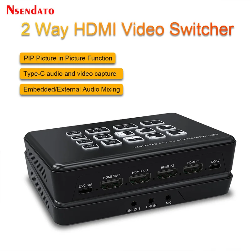 2 Way HDMI Video Switcher Mixer 2 in 2 out For Live Broadcast Streaming USB C Record with Mic Line in Audio Mixing For Camera PC