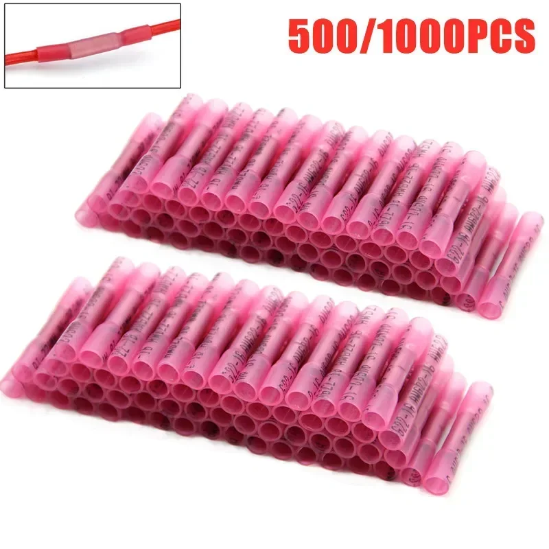 500/1000PCS czerwone zaciski termokurczliwe wodoodporne w pełni izolowane uszczelnienie Butt złącza przewodów elektrycznych 22-16 AWG Kit