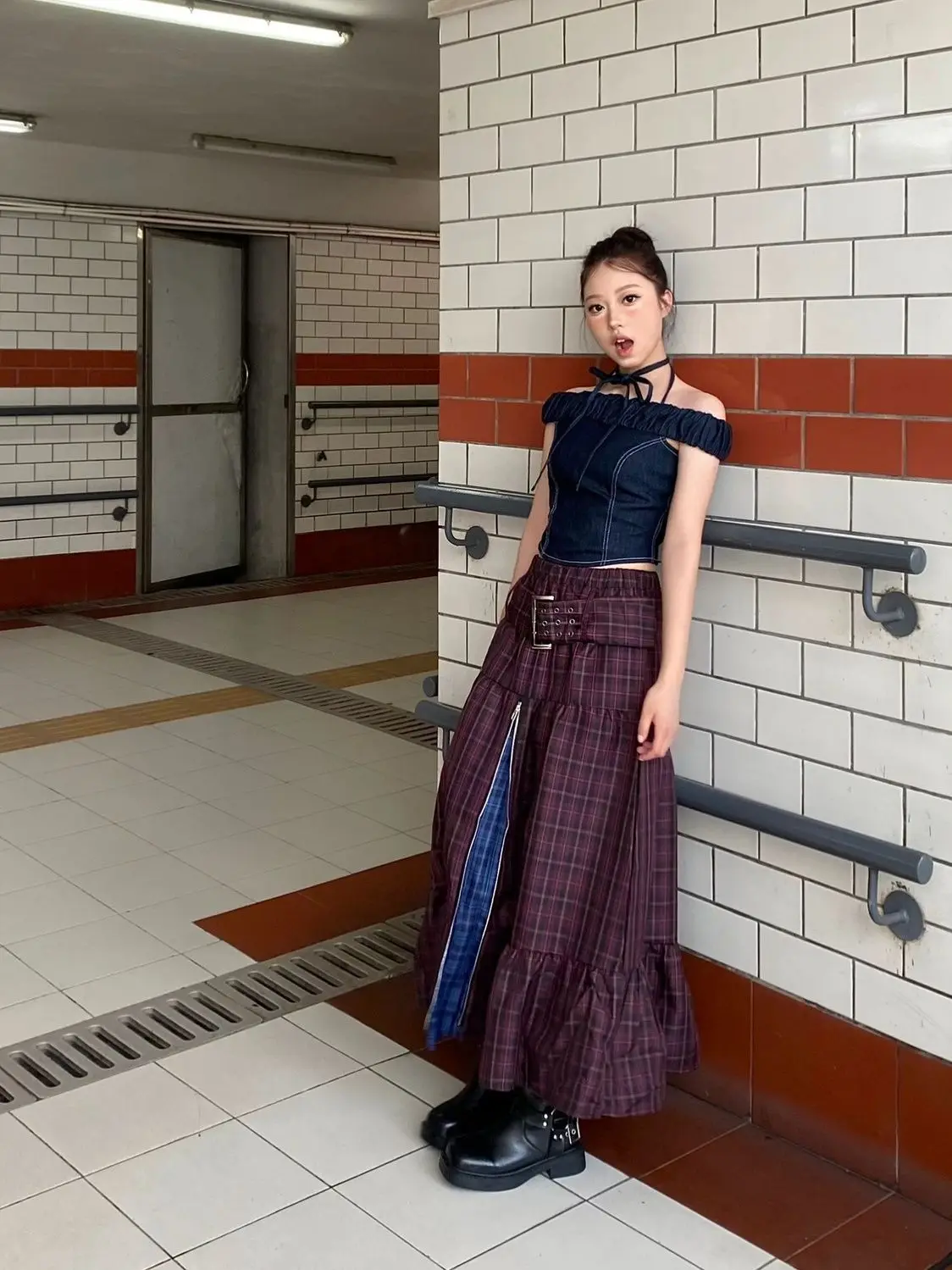 Vintage Plaid Patchwork Long Skirt Women Belt Waist Zipper Design Ruffle A Line Skirts Harajuku Fashion Y2k Faldas 2025