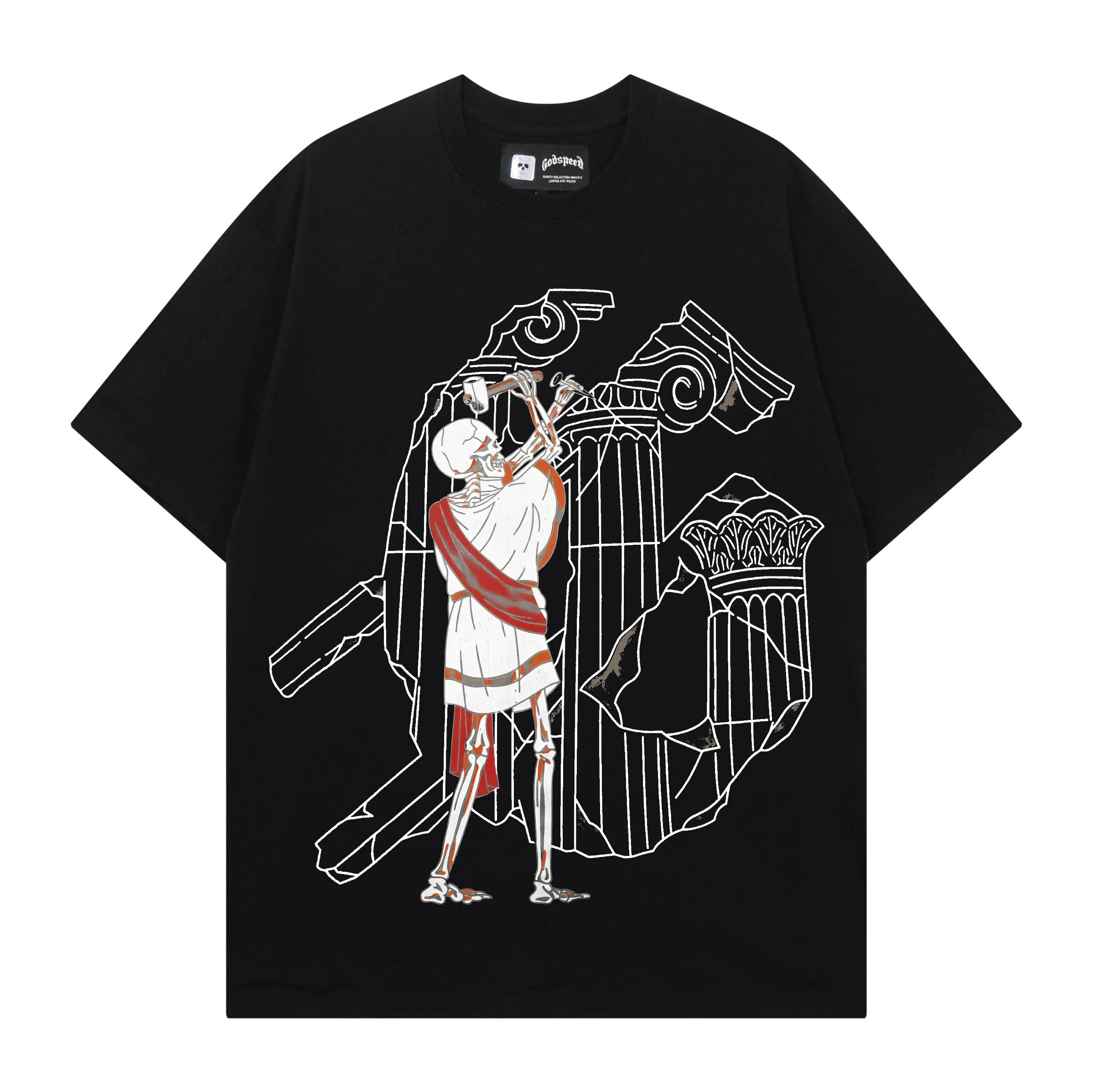 Godspeed American Trendy Brand Skull Print High Quality Heavyweight Double Thread Loose Fit Pure Cotton Short Sleeve T-Shirt