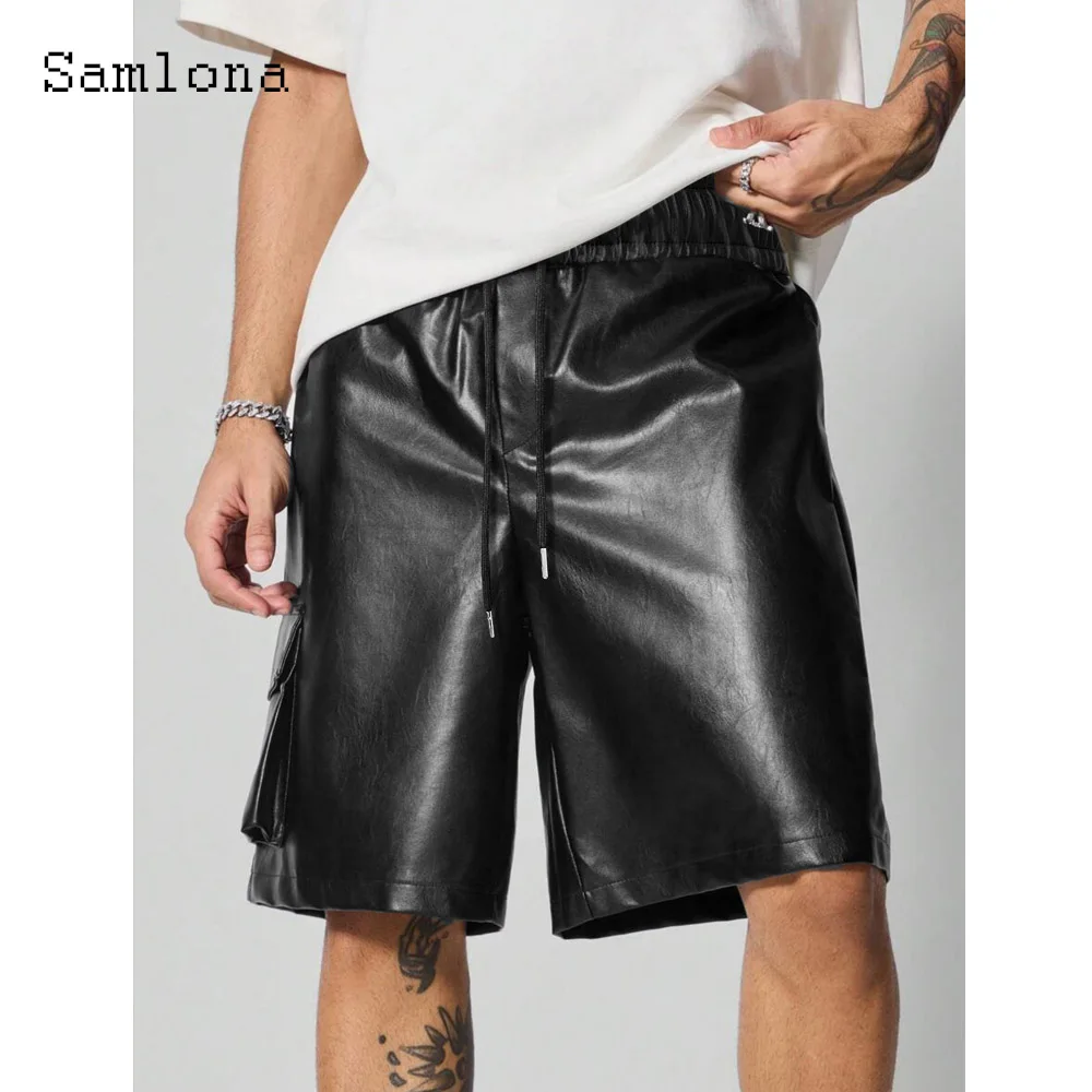 

Mens Stand Pocket Fashion PU Leather Straight Leg Half Pants 2025 America And Europe Sexy Shorts Hommes Faux Leather Outfits New