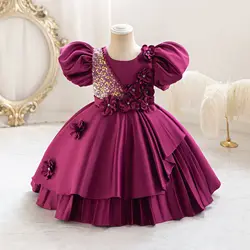 HETISO Flower Appliques Wedding Birthday Dresses For Girls Satin Sequined Christening Party Gown Kids Child Pageant Clothes 3-10