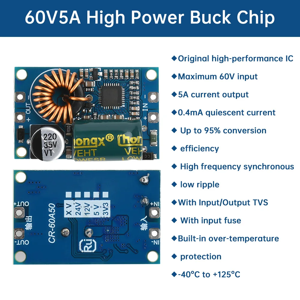 DC-DC Buck Module DC12-60V To 5V/12V 5A Power Converter Step-down Power Module Low Ripple with TVS Input Fuse