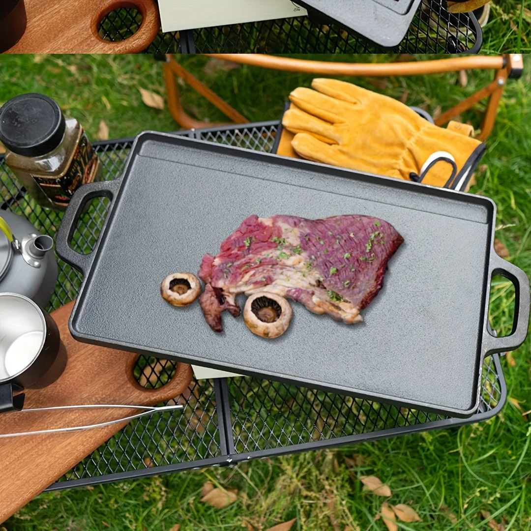 

Cast Iron Grill Plate Double Sided Griddle Pan, Versatile BBQ for Outdoor Camping, Dual-Use Striped and Flat Grilling with Handl