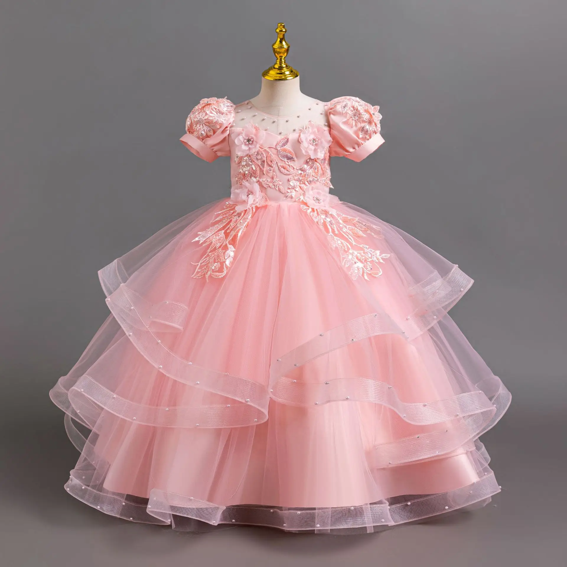 Children\'s dress Princess Girl Butterfly lace embroidered flower long dress 2025 new Christmas Ball Party Beaded Jacquard Dress
