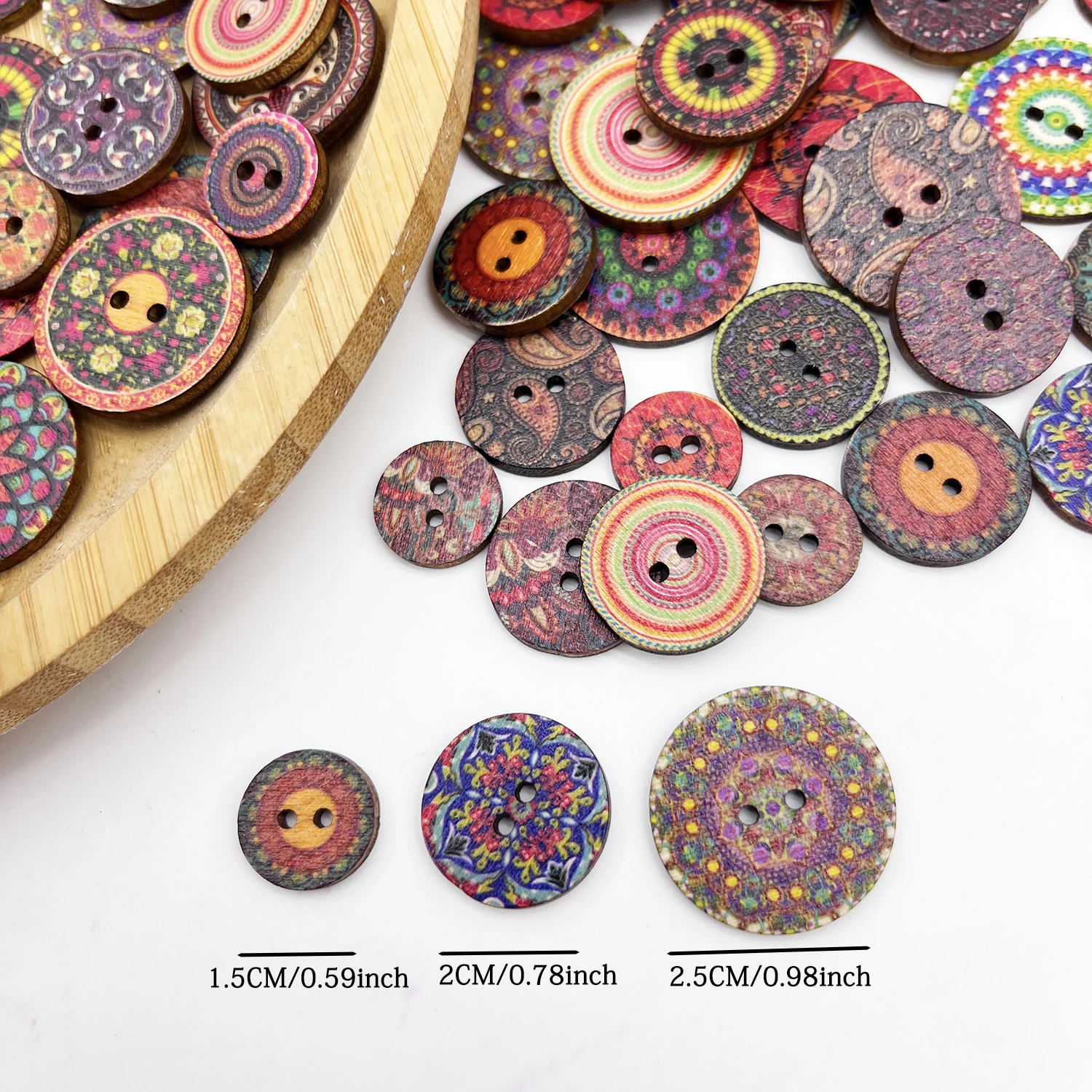 50PCS 3 Sizes Mixed Pattern Vintage Wooden Button 2 Holes, Random Flower Painting, DIY Craft Sewing, Decorative Handmade Project