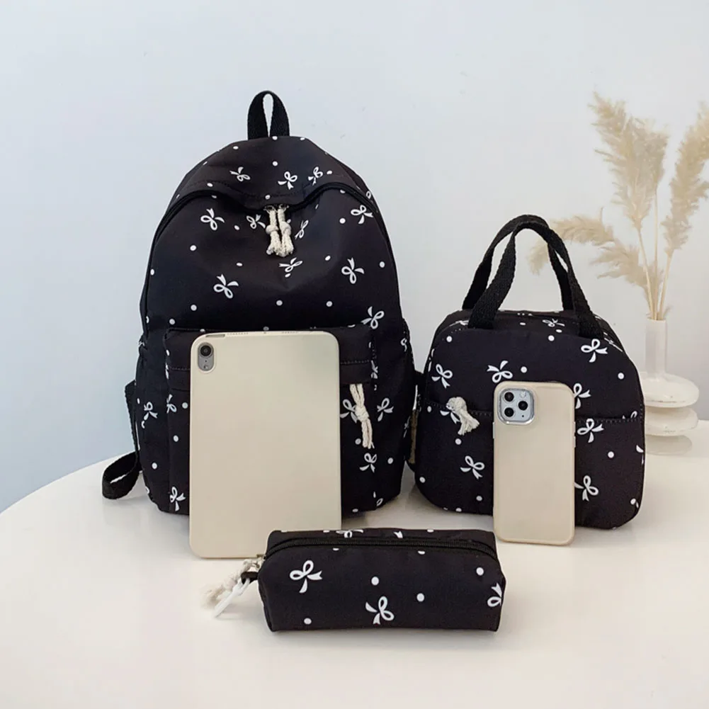 3Pcs Simple Backpack Set with Handbag & Pencil Case All-Match School Bag Bowknot Printed Cute Bowknot Backpack Trip Backpack