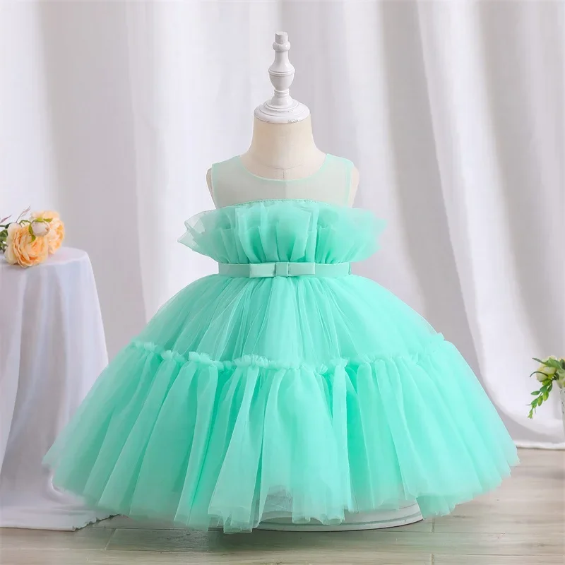 Fashion Solid Color Girl Evening Gown Lace Mesh Sleeveless Party Dress Kids Girl Summer Children Girls Party Dress for 1-5Y Baby