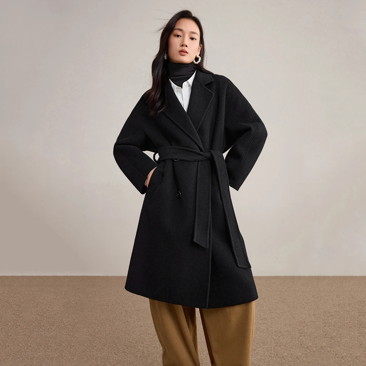 SENTUBILA Women's Double-Breasted Woolen Winter Coat Lady Outerwear 2025 Commuter Business Mid-Length Belted Overcoat W54OA8781