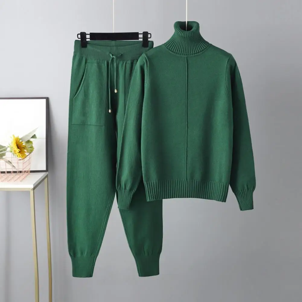 

2 Pcs Women Autumn Winter Tracksuit Sweatshirt Trousers Suit Solid Color Long Sleeve High Collar Thick Stretchy Tops Pants Suit